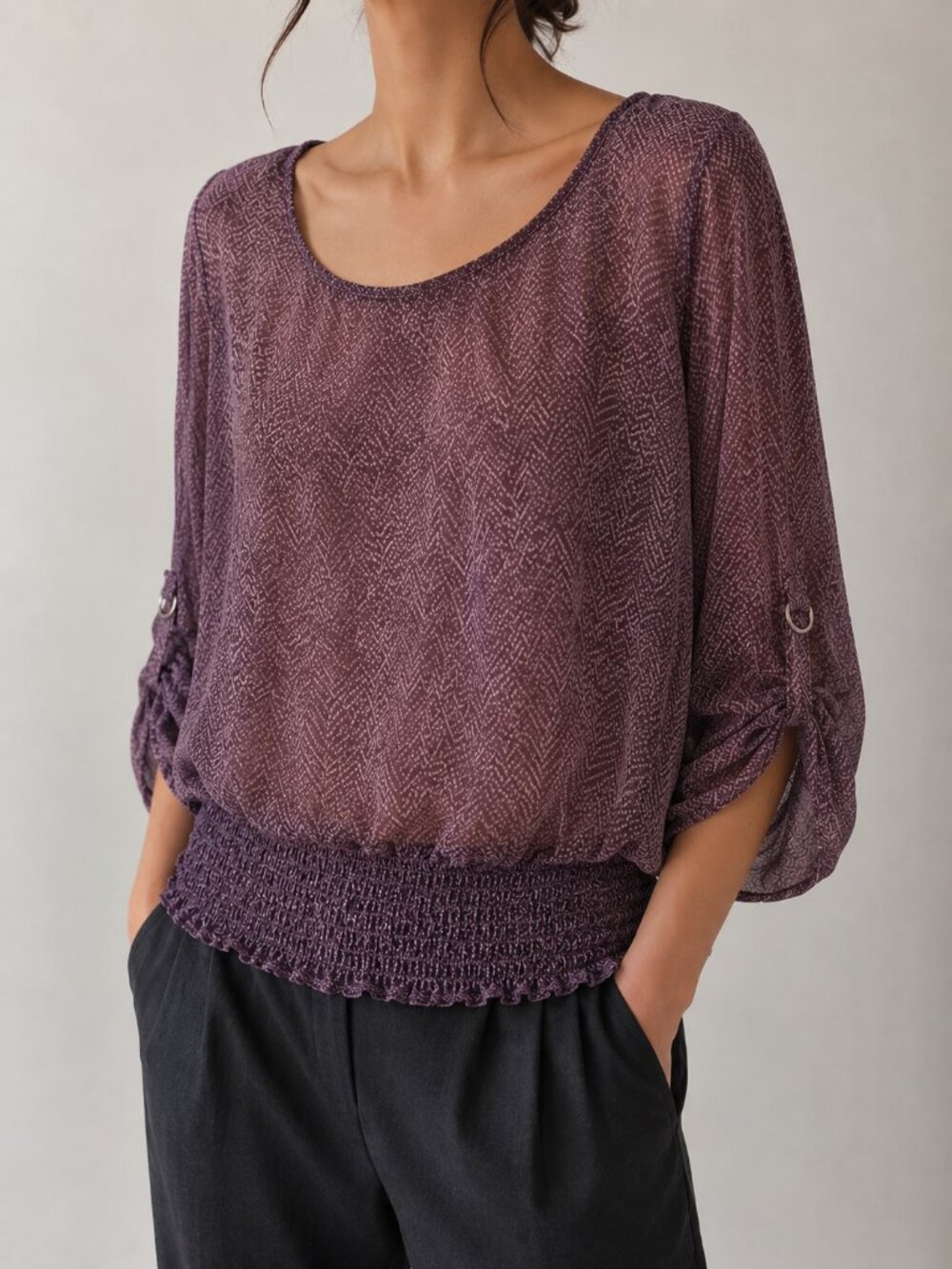 Michael Kors Purple Sheer Blouse Top Round Neck Long Sleeves Sz.XL